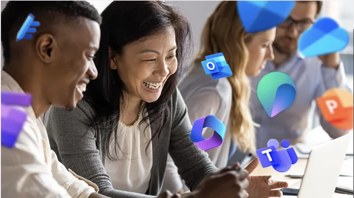 Two team members collaborate surrounded by apps